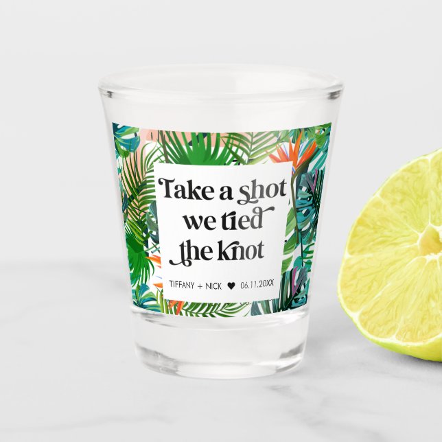 We Tied the Knot Tropical Beach Wedding Favour Shot Glass (Front)
