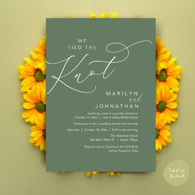 We tied the knot, Wedding Elopement Dinner Party Invitation (We tied the knot, Wedding Elopement Dinner Romantic Modern Party Invitation Card PDF Sage Green)