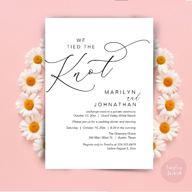 We tied the knot, Wedding Elopement Dinner Party Invitation (We tied the knot, Wedding Elopement Dinner Romantic Modern Party Invitation Card PDF White Black)