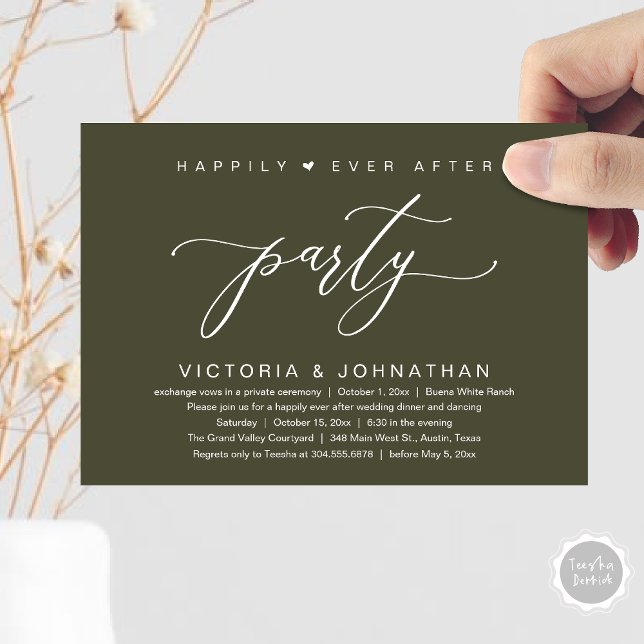 We Tied The Knot, Wedding Elopement Dinner Party Invitation (Happily Ever After Party Wedding Elopement Dinner Invitation Card PDF Romantic Olive Green)