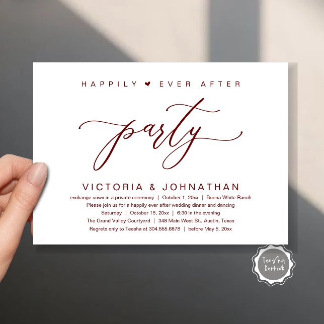 We Tied The Knot, Wedding Elopement Dinner Party Invitation (Happily Ever After Party Wedding Elopement Dinner Invitation Card PDF Romantic Burgundy Wine Red)
