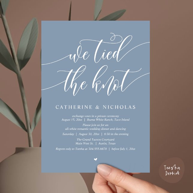 We tied the knot, Wedding Elopement Dinner Party Invitation (We tied the knot, Modern Wedding Elopement Dinner Party Wine Invitation Card PDF Dusty Blue)