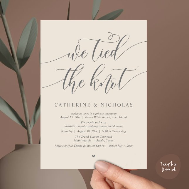 We tied the knot, Wedding Elopement Dinner Party Invitation (We tied the knot, Modern Wedding Elopement Dinner Party Wine Invitation Card PDF Cream Grey)