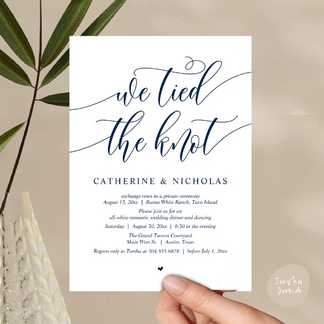 We tied the knot, Wedding Elopement Dinner Party Invitation (We tied the knot, Modern Wedding Elopement Dinner Party Wine Invitation Card PDF Navy Blue)