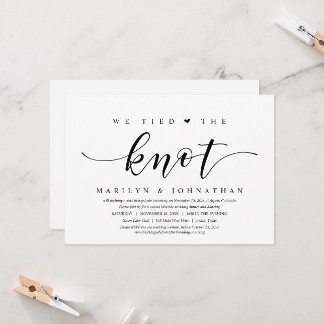 We Tied The Knot, Wedding Elopement Dinner Party Invitation (Front/Back In Situ)