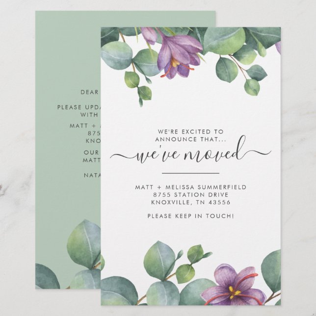 We’ve Moved Address Eucalyptus Purple Green Moving Stationery (Front/Back)
