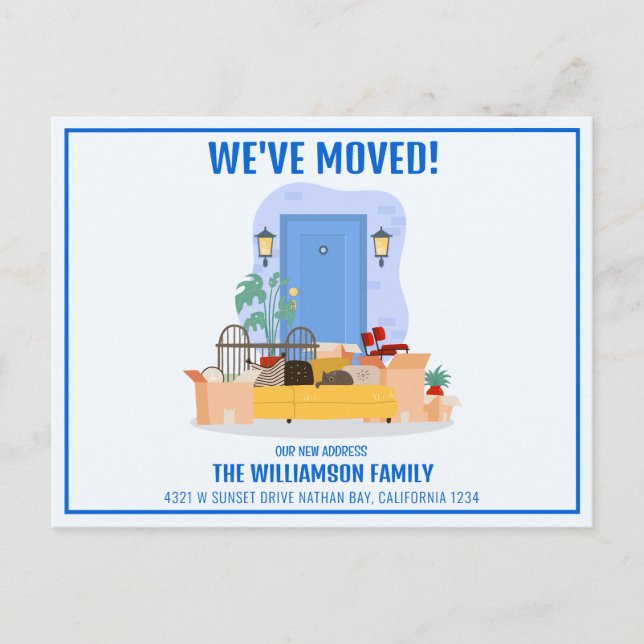 We’ve Moved Blue Front Door Cute Moving Announcement Postcard (Front)