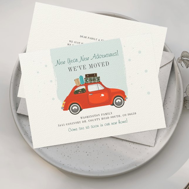 We’ve Moved Change of Address Moving Announcement (New Year Moving Adventure Announcement Red Car)