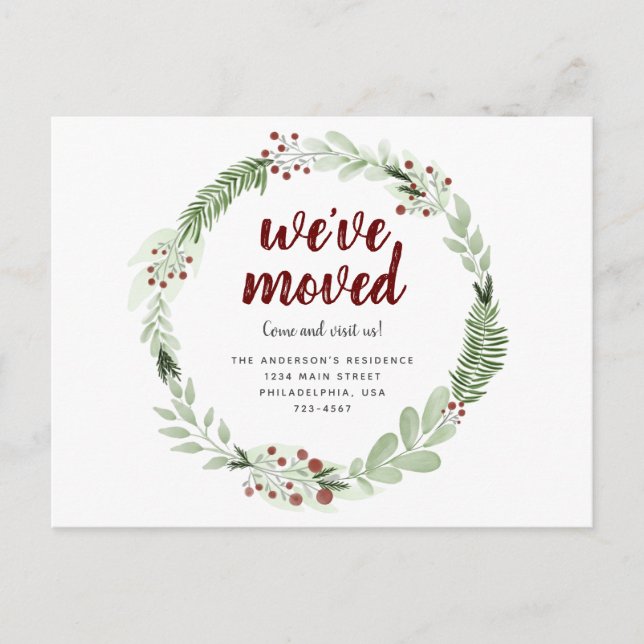 We’ve Moved Christmas Wreath Chic Holiday Announcement Postcard (Front)
