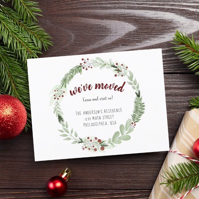 We’ve Moved Christmas Wreath Holiday Announcement Postcard (Creator Uploaded)