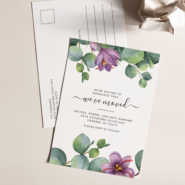 We’ve Moved Eucalyptus Purple Green Foliage Moving Announcement Postcard (Botanical Sage Green Purple Eucalyptus Moving Announcement)