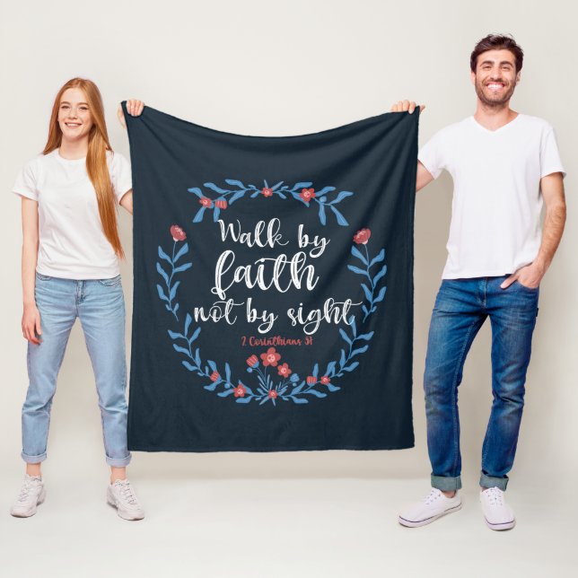 We Walk By Faith Floral Bible Verse Christian Fleece Blanket (In Situ)