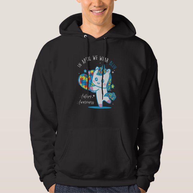 We Wear Blue Puzzle Pieces Unicorn Autism Awarenes Hoodie (Front)