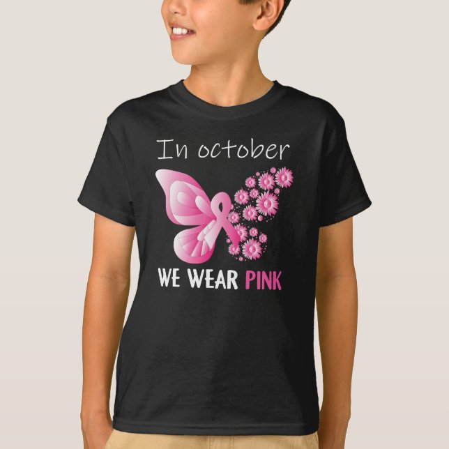 We Wear Pink In October Breast Cancer Butterfly T-Shirt (Front)