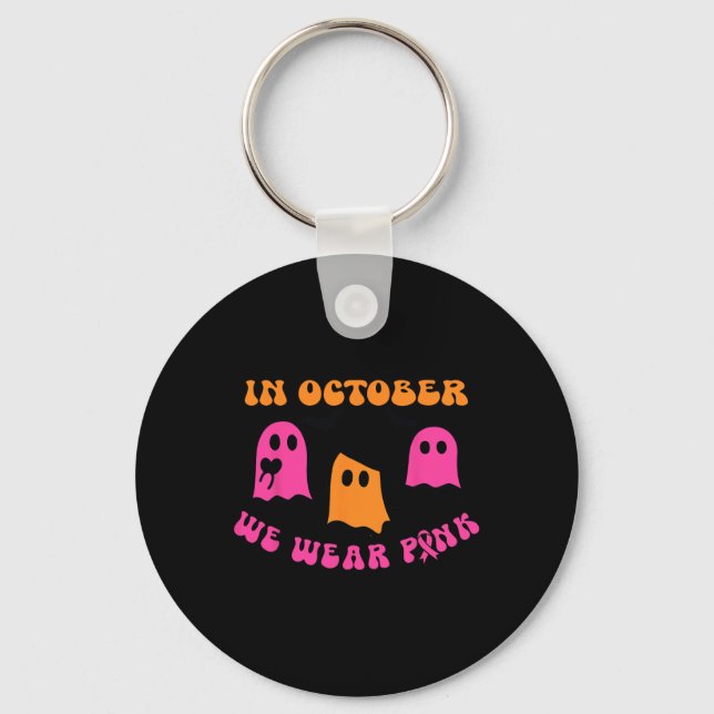 We Wear Pink Pumpkin Ghost Halloween Breast Cancer Key Ring (Front)