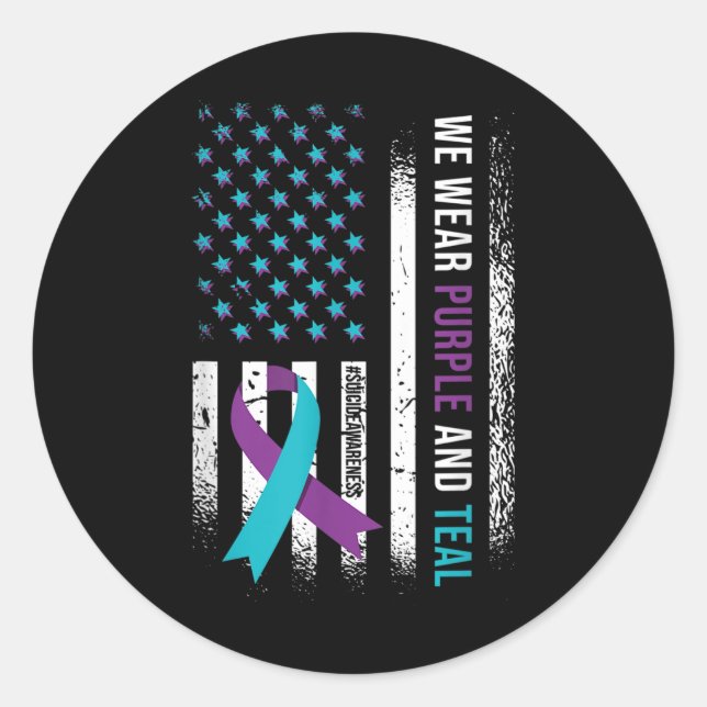 We Wear Purple &amp; Teal, Suicide Prevention Awar Classic Round Sticker (Front)