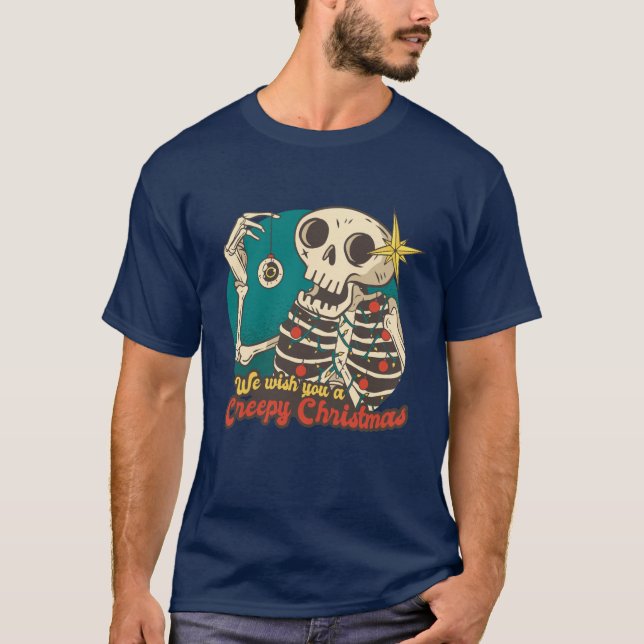 We Wich You Spooky Christmas Skeleton Funny Skull T-Shirt (Front)