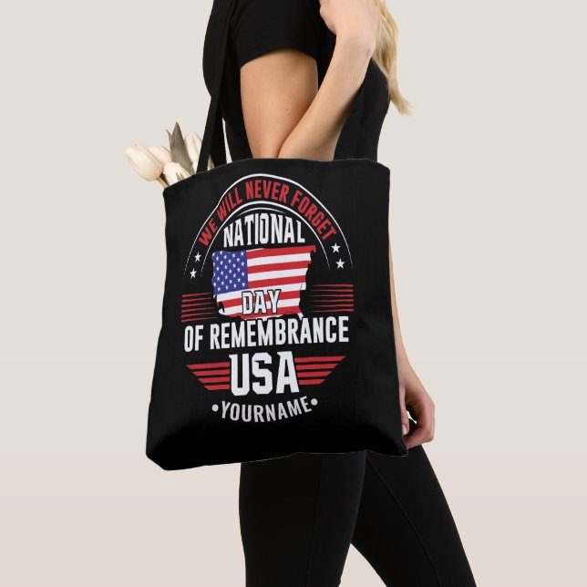 We Will Never Forget National Day of Remembrance Tote Bag (Close Up)