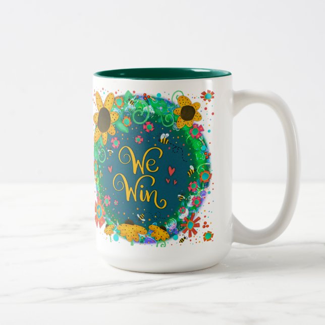 We Win Pretty Floral Bumblebee Blessed Quote Two-Tone Coffee Mug (Right)