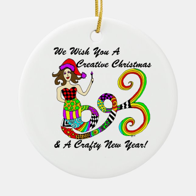 We Wish You A Creative Christmas Mermaid Ceramic Tree Decoration (Front)