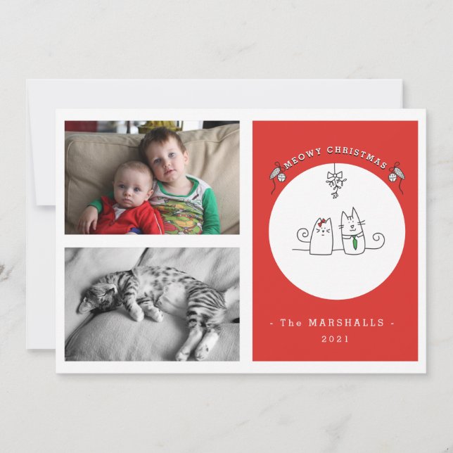 We Wish You A Meowy Christmas Funny Cat Red Photo Holiday Card (Front)