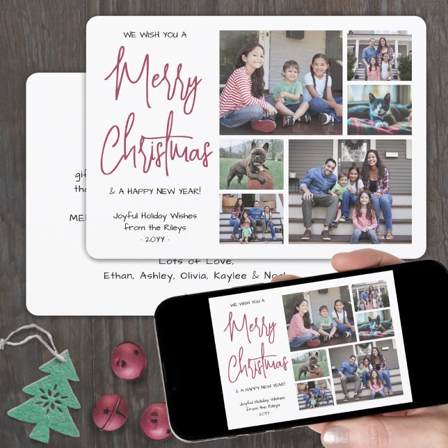We Wish You a Merry Christmas 6 Photo Red Script Holiday Card (Creator Uploaded)
