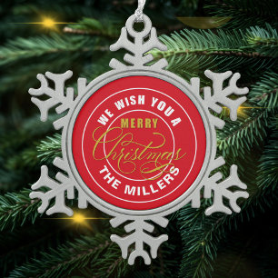 We Wish You a Merry Christmas Custom Name Snowflake Pewter Christmas Ornament