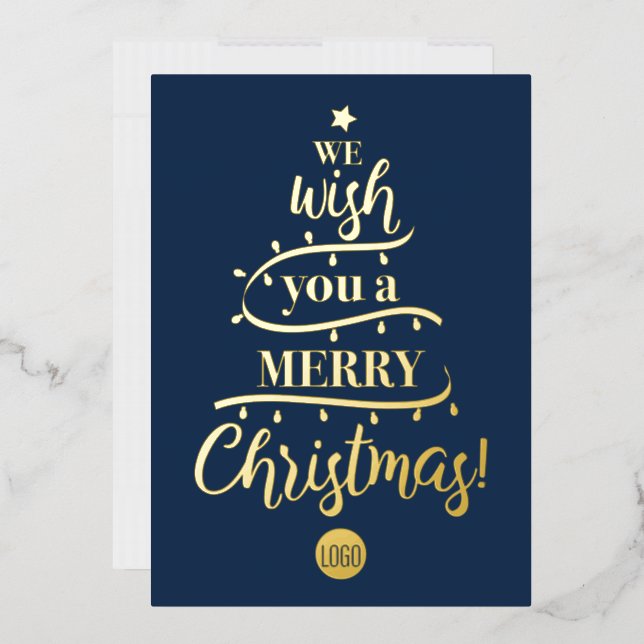 We Wish you a Merry Christmas Elegant Tree Blue Foil Holiday Card (Envelope)