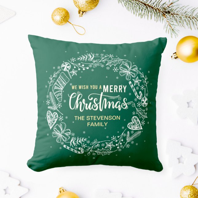 We wish you a Merry Christmas Family Wreath Green Cushion (Creator Uploaded)