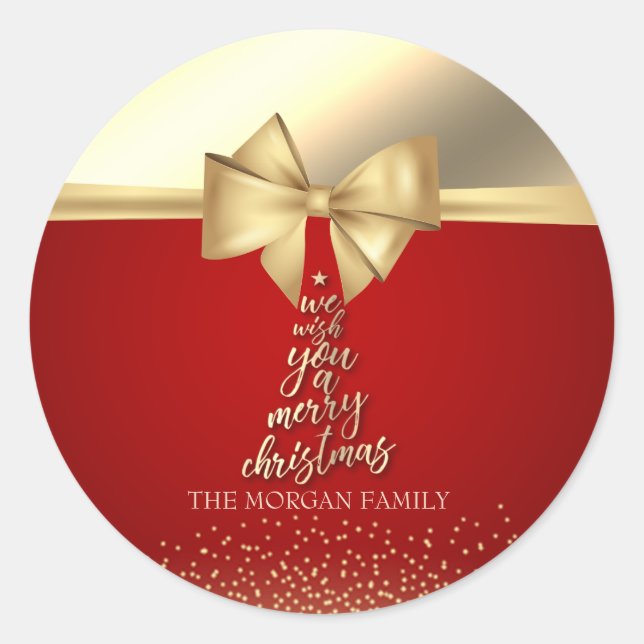 We Wish You A Merry Christmas Gold Bow Dots Classic Round Sticker (Front)