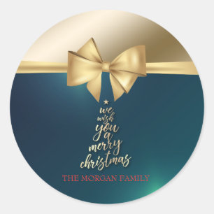 We Wish You A Merry Christmas Gold Bow Green Classic Round Sticker