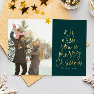We wish you a Merry Christmas green fun type photo Foil Holiday Card
