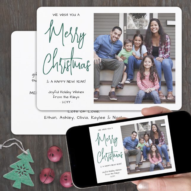 We Wish You a Merry Christmas Green Script 1 Photo Holiday Card (Creator Uploaded)