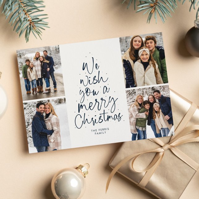 We wish you a merry Christmas navy four photo Holiday Card (Creator Uploaded)