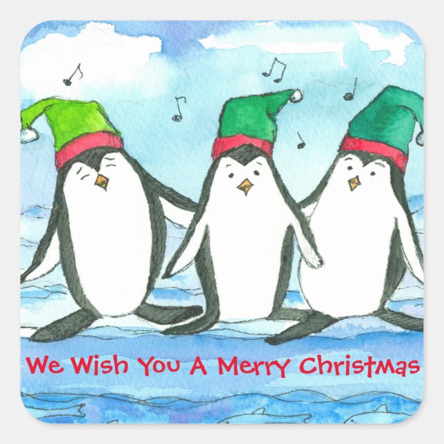 We Wish You A Merry Christmas Penguins Square Sticker (Front)