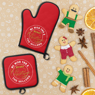 We Wish You a Merry Christmas Red Oven Mitt & Pot Holder Set