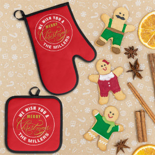 We Wish You a Merry Christmas Red Oven Mitt & Pot Holder Set