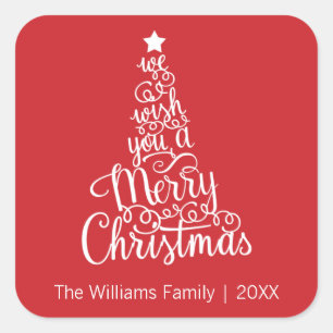 We Wish You a Merry Christmas Square Sticker, Red Square Sticker