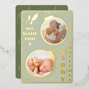 We Wish You a Merry Christmas   Two Photo Unique Foil Holiday Card