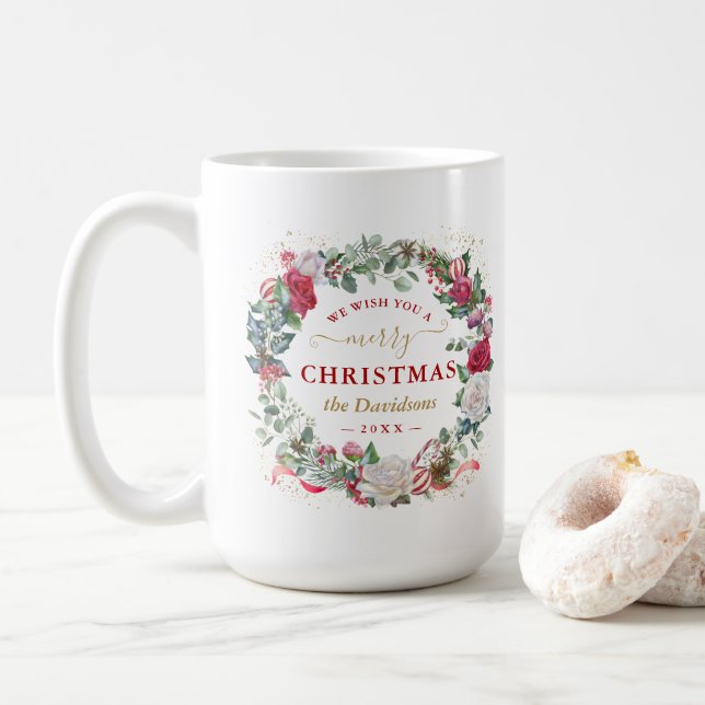 We Wish You A Merry Christmas Wreath Monogram   Coffee Mug (With Donut)
