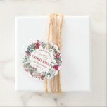 We Wish You A Merry Christmas Wreath Monogram  Favour Tags<br><div class="desc">Unique design featuring winter Christmas watercolor wreath (pine branches,  cones,  Christmas balls,  white and red flowers,  berries),  faux gold splashes,  on a white background. Use Personalise tool to add your info. See,  also,  my New Winter Holidays Collection.</div>