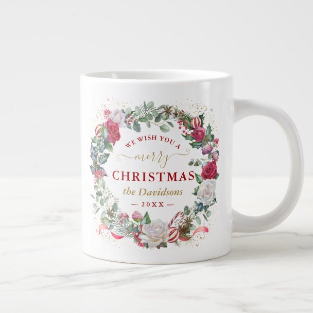 We Wish You A Merry Christmas Wreath Monogram  Large Coffee Mug (Right)