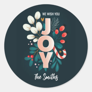 We Wish You JOY, Christmas Candy Cane & Foliage Classic Round Sticker