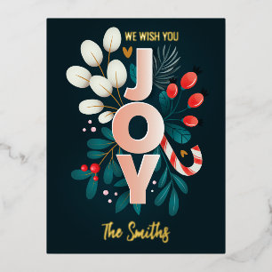 We Wish You JOY, Christmas Candy Cane & Foliage Foil Holiday Postcard