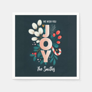We Wish You JOY, Christmas Candy Cane & Foliage Napkin