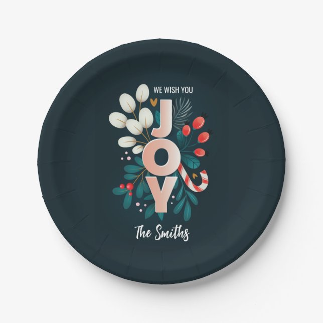 We Wish You JOY, Christmas Candy Cane & Foliage Paper Plate (Front)