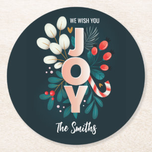 We Wish You JOY, Christmas Candy Cane & Foliage Round Paper Coaster