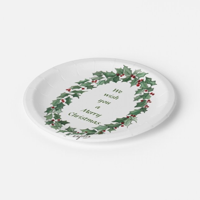 “We Wish You...” Traditional Holly Wreath Paper Plate (Angled)