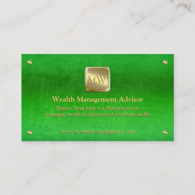 Wealth Advisor, Gold nameplate, green leather-look Business Card (Front)