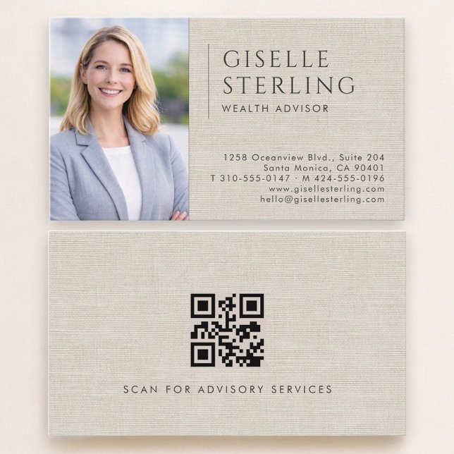 Wealth Advisor Linen Photo QR Code Business Card (Creator Uploaded)
